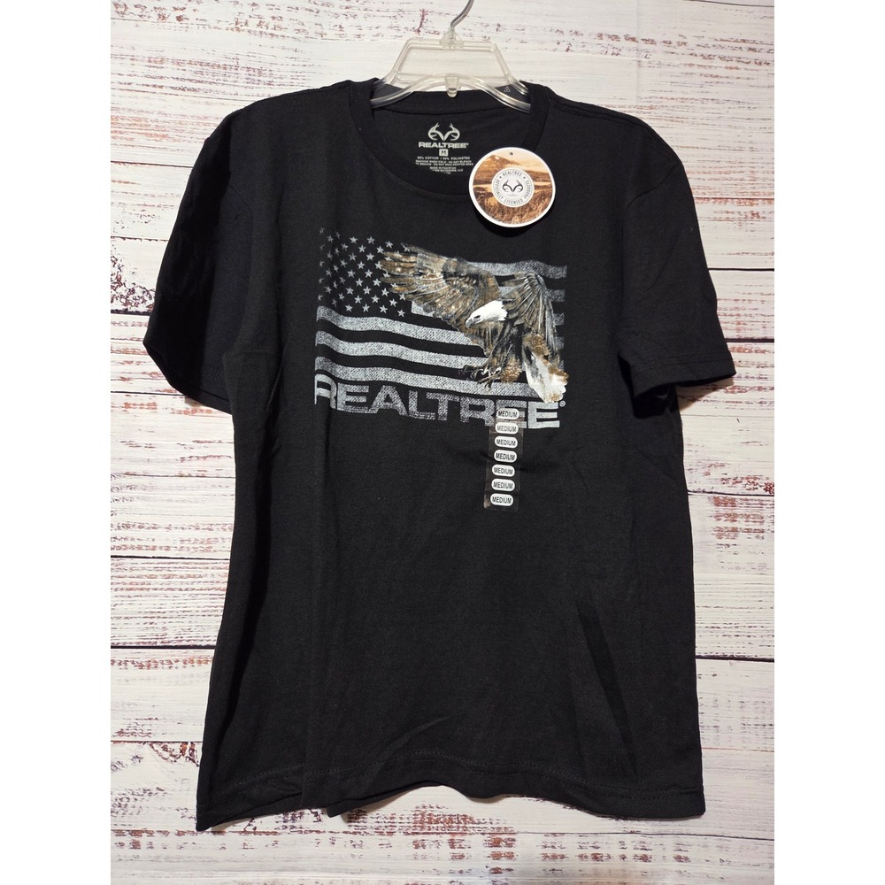 Realtree Mens American Flag Eagle Graphic T-Shirt Black Size M Patriotic